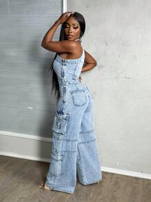 Slaydiva Women's Denim Overalls And Jumpsuits Sexy One Shoulder Overalls Jumpsuit Blue Loose Jumpsuit Cargo Pants Women Rompers For Women Romper Overalls Women Denim Jumpsuit One Piece Jumpsuit Summer Outfits For Women Rave Outfits Festival Valentines