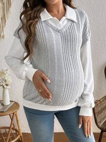 SHEIN Maternity Patchwork Ribbed Collar Sweatshirt