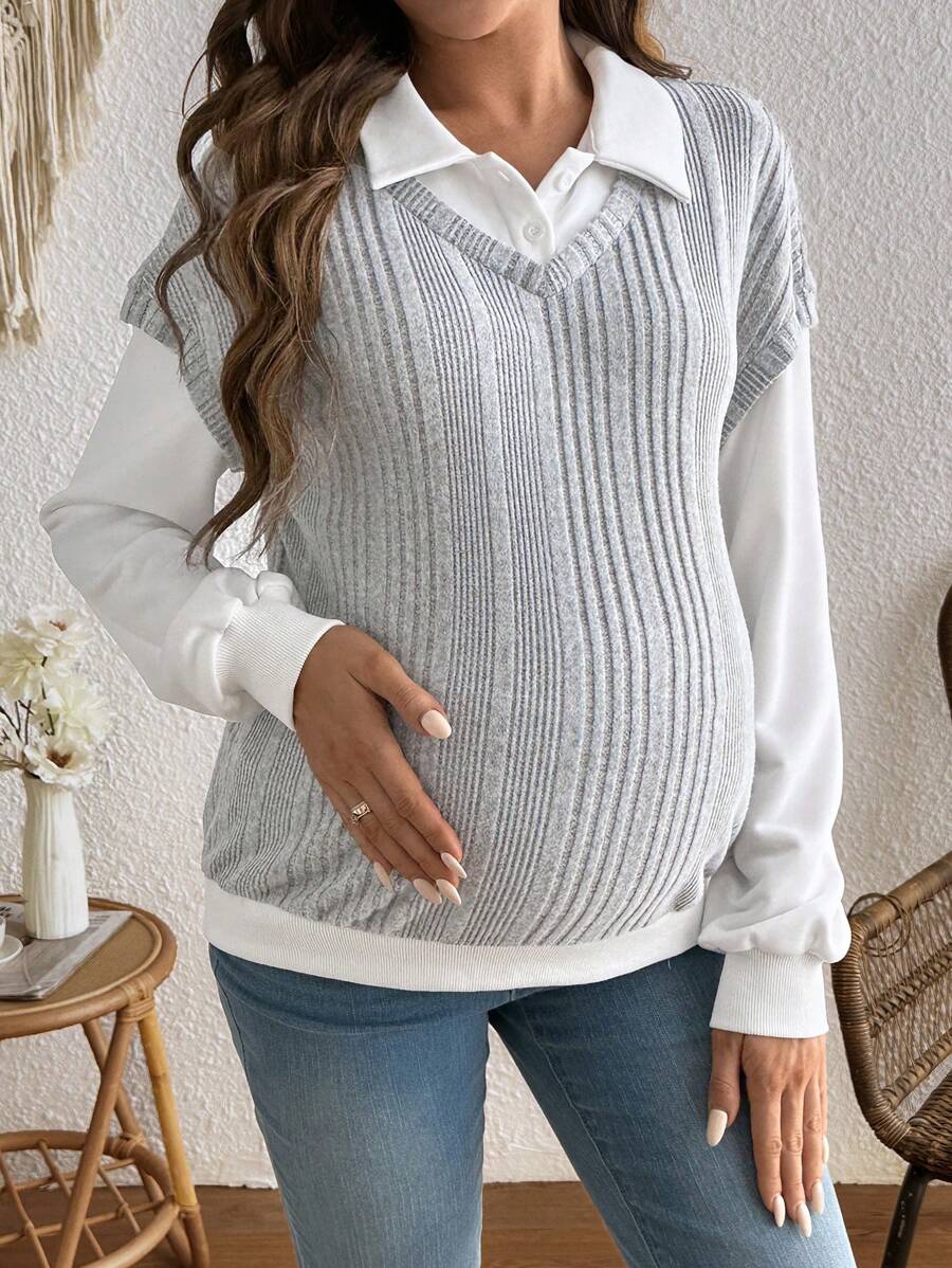 SHEIN Maternity Patchwork Ribbed Collar Sweatshirt