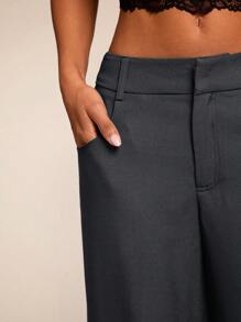 SHEIN BAE Women Black Solid Color Commuter Casual/Fashionable Outing/Versatile Casual/Old Money Style Patch Pocket High Waist Loose Wide-Leg Pants, Suitable For Work/Office, Low-Waisted, Loose, Wide-Leg, Long Pants, For Autumn/Winter