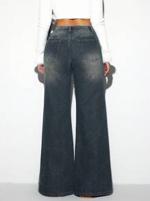 SHEIN ICON Women's Pocket Zipper Design Wide Leg Loose Fit Jeans - Dark Wash - View 2