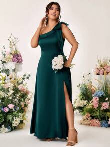 Cravure Đầm dự tiệc chữ A xẻ tà cổ chữ V không tay thắt nơ màu trơn satin cỡ lớn - Màu xanh lá cây đậm - Xem 5