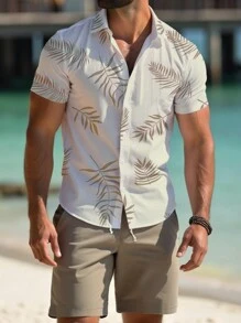 ResortEase 大码男式植物印花短袖衬衫和短裤 2 件套
