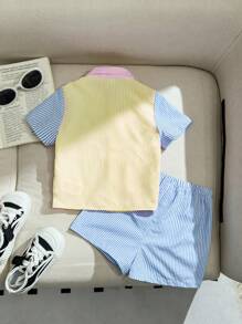 SHEIN 2pcs/Set Baby Boy Contrast Color Striped Decor Pocket Front Collar Short Sleeve Shirt & Shorts Set - Blue - View 2