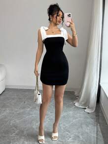 Elenzga Women's Elegant Party Color Block Camisole Mini Dress - Black - View 8