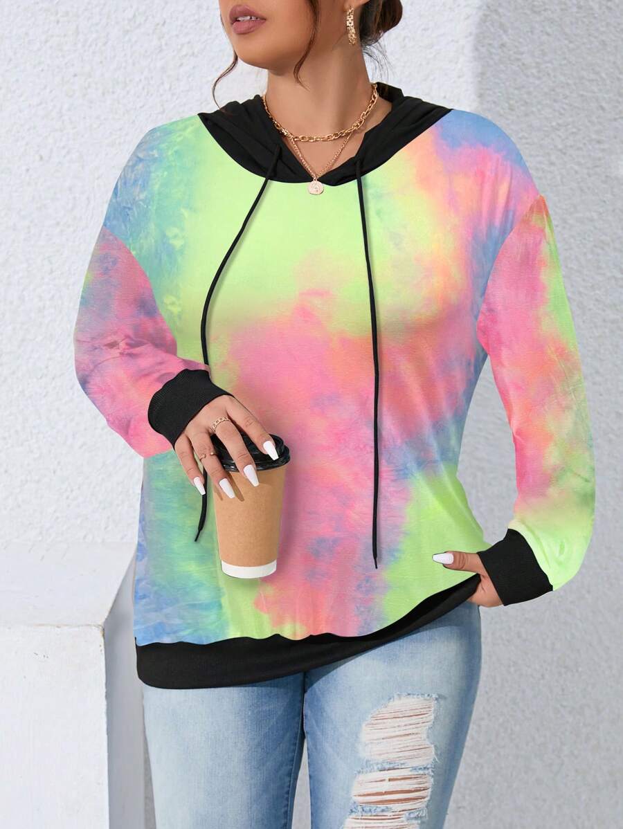 SHEIN LUNE Plus Size Plain Color Patchwork Long Sleeve Casual Sweatshirt Pullover Fall Sweatshirt - Multicolor - View 1