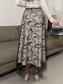 DAZY 女士优雅通勤亮片刺绣网纱半身裙 秋季半身裙 - 黑色 - 查看 5