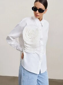 SURIMA Women's Solid Color Front Button Long Sleeve Casual Shirt With 3D Floral Decor
