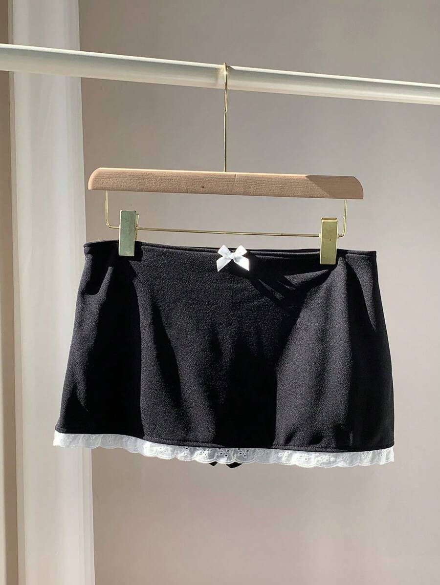 Comfortcana 女士拼色蝴蝶结装饰休闲 A 字迷你裙 - 黑色 - 查看 1