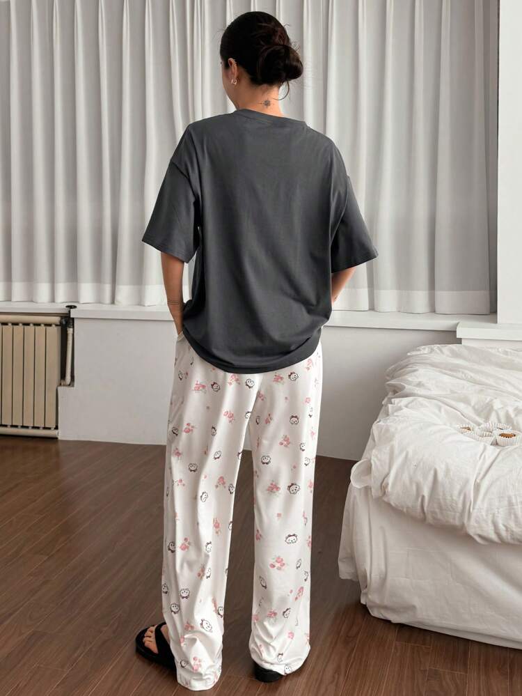 2pcs/Set Cartoon Print Short Sleeve Loose Women Pajamas Set,Back To School Clothes