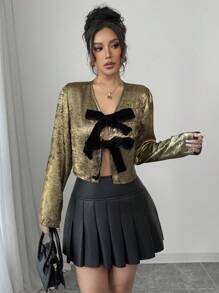 SHEIN PETITE 女士蝴蝶结领拼色衬衫