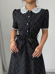 Modelyn 优雅波尔卡圆点 & 心形印花蕾丝拼布长裙 - 黑色 - 查看 5