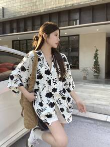 DAZY Blusa casual de mujer con estampado floral y abierta en la parte delantera, para el verano