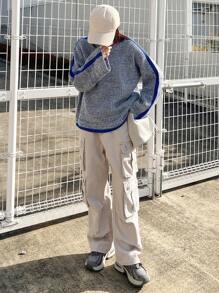 FRIFUL Women Raglan Sleeve Colorblock Loose Sweater, Autumn/Winter,Fall Women Clothes - Grey - View 2