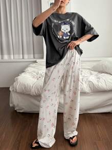 DAZY Set de 2 piezas de pijama de mujer con estampado de dibujos animados de manga corta y holgado, ropa de vuelta al colegio