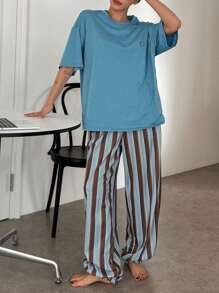 DAZY 2 piezas Conjunto de pijama de mujer de manga corta con ajuste holgado, ropa de estar en casa