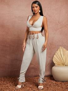 SHEIN SXY Spring/Summer Date Valentine's Day Elegant Holiday Apricot Woven Imitation Linen Fringe Hem Short Sleeveless Vest Top And Elastic Waist Low Waist Long Pants With Straps