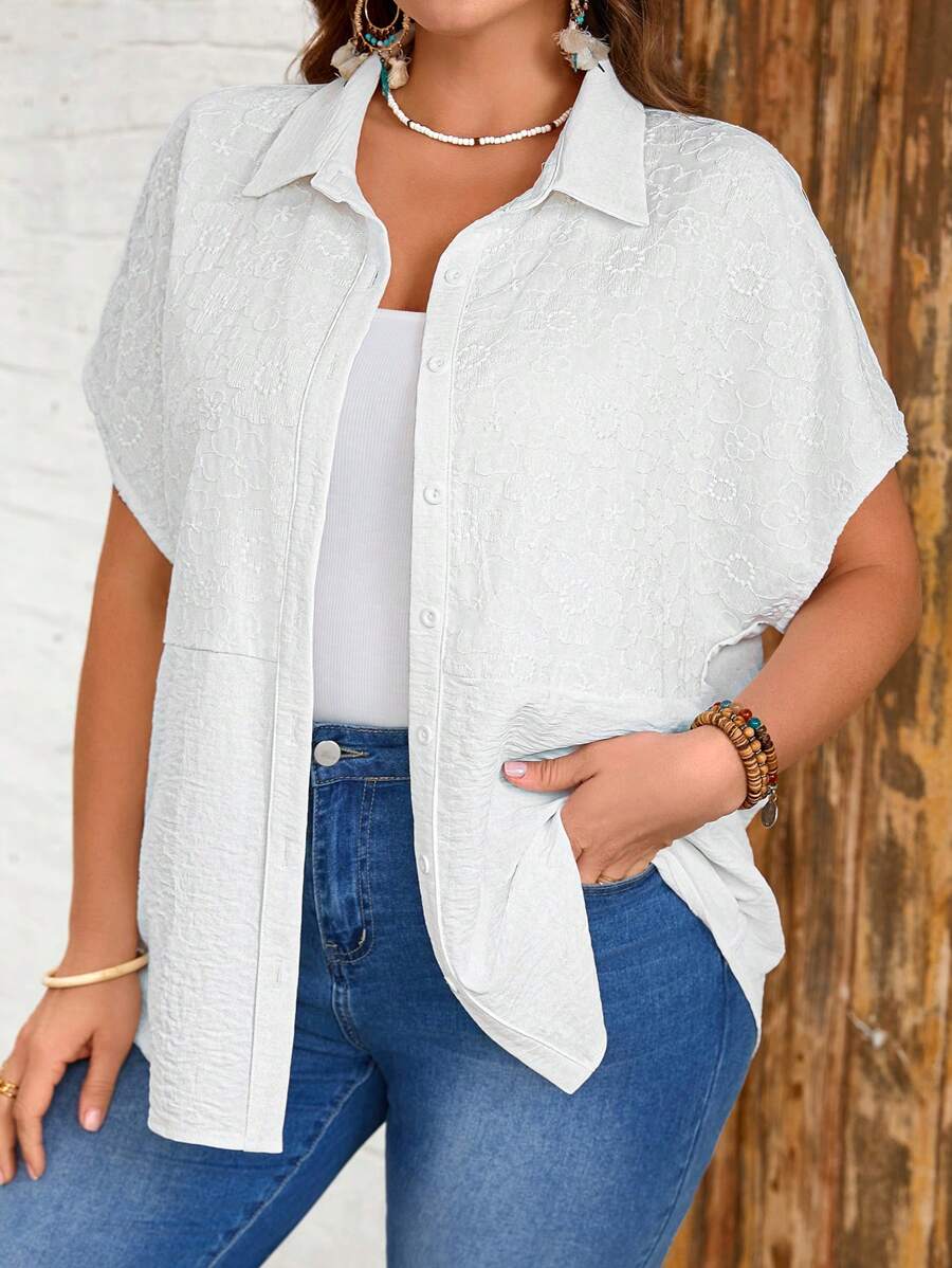 EMERY ROSE Blouse ouverte devant en dentelle pour femme de grande taille, style décontracté. Convient pour les sorties quotidiennes et les vacances - Blanc - Voir 1