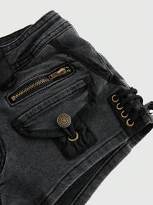 ROMWE Grunge Punk Y2K Kpop Patchwork Fuzzy Very Super Low Waist Mini Denim Shorts, Gyaru Gal Casual Style - Dark Grey - View 4