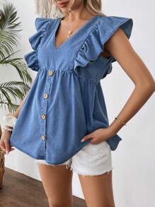 SHEIN Pregnant Women Blue Denim V-Neck Ruffle Cap Sleeve Top,Blue,Suitable For Parties, Holidays, Dates, Valentine's Day, Afternoon Tea, Summer / Summer Outfits / Summer Clothes,Year-Round,For Spring/Summer Holiday,Suitable For Summer,Blue Summer,Vacation Outfits Woman,Easter,Spring,Western,Office Outfits For Women,Rave Outfits,Baby Shower,Cottagecore,Country Outfits Women, Chic,Women Elegant,Beach ,Graduation,Vacation,Easter Mom/Mother/ Mommy/Mother's Day/Mama/Mum/Mother's Day Gift