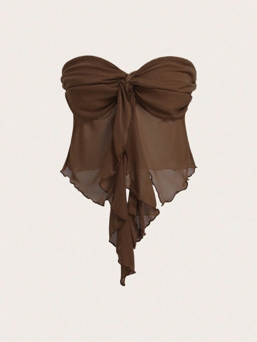 SHEIN EZwear 女士新款网眼扭纹抹胸，简约休闲日常穿着 - 棕色 - 查看 1