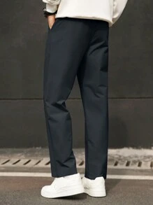 Manfinity Homme Men's Solid Color Pocket Straight Leg Casual Office Pants - Navy Blue - View 2