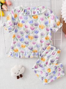 2pcs Baby Girls Casual Cute Sweet Elegant Short Sleeve Top And Pants Loungewear Set - Multicolor - View 2
