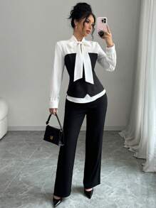 Elenzga 女士优雅撞色系带领二合一衬衫，秋季 - 彩色 - 查看 7