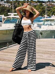 SHEIN VCAY 女士宽松高腰阔腿针织条纹裤，夏装，情人节，女士度假服装，女士沙滩服装，节日，浪漫，波西米亚，波西米亚风，甜美，狂欢节服装，热带度假女装，狂欢节 - 黑與白 - 查看 4