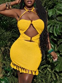 Slaydiva Nuevo vestido mini de mujer de verano con cuello halter, decoración de anillo de madera en el centro delantero, espalda descubierta, ajuste ceñido, falda mini con flecos, de tejido de crochet de punto amarillo