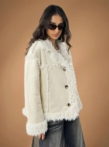 Forever 21 Women Casual Loose Twist Front Fluffy Trim Shoulder Drop Jacket For Autumn - Beige - View 4