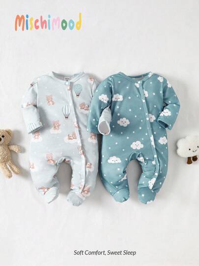 2 件套新生儿舒适云朵和熊印花长袖连脚睡衣，绿色，适合夏季家居服度假旅行休闲夏装