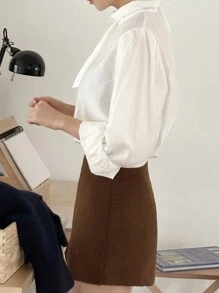 DAZY Elegant Solid Color Women Shirt With Scarf Collar Long Sleeve Top - White - View 8