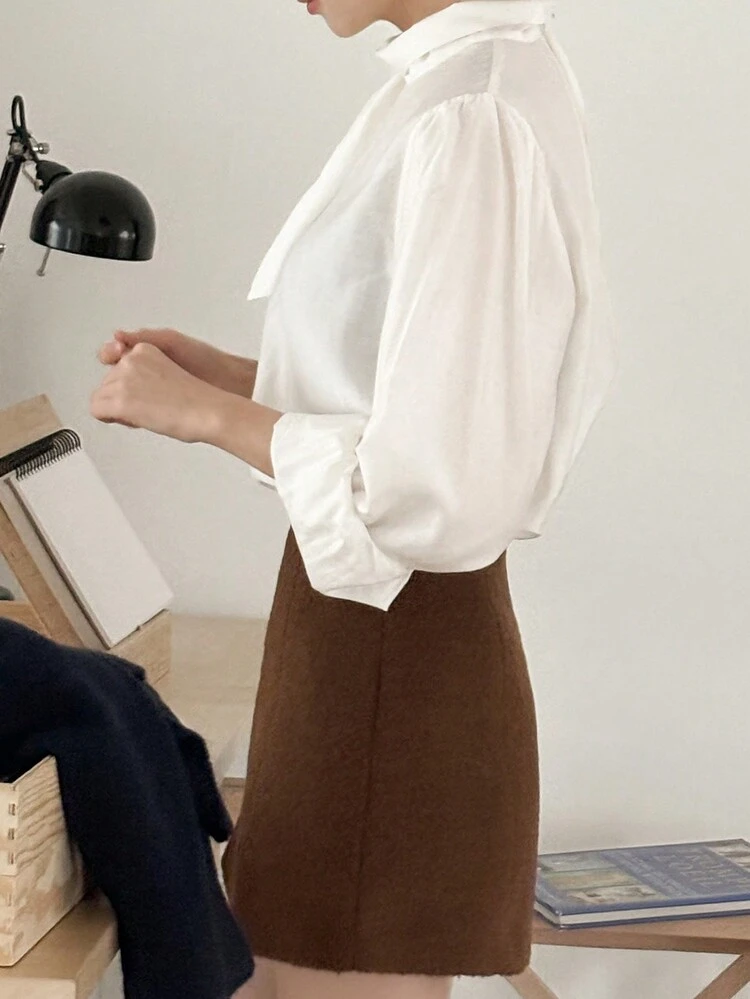 Elegant Solid Color Women Shirt With Scarf Collar Long Sleeve Top