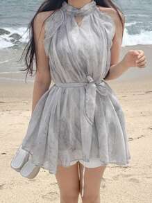 DAZY Chemise de plage en mousseline de soie ample sans manches avec col pour femme, gris, printemps/été - Gris - Voir 6