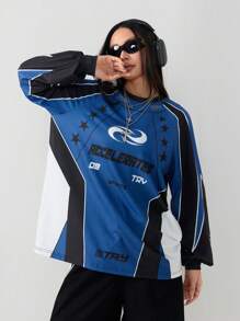 Coolane Women's Winter Going Out Racing Knit Graphics Blue Over Size Round Neck Long Sleeve T-Shirt