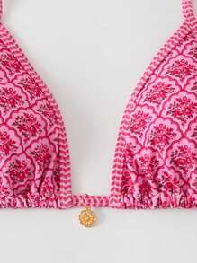 Swim Mod Women's Random Floral Print Spaghetti Strap Summer Beach Bikini Top - Pink - View 5