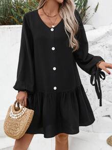 Breezaya Women Plain Color Button Lantern Sleeve Ruffle Hem Casual Dress Fall Cloth For Women - Black - View 7