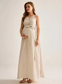 MaterniWear Maternity Boho  Striped Print Split Thigh Belted Halter Dress - Khaki - View 4