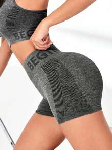 Women High Waist Simple Letter Pattern Detail Casual Sports Shorts Biker Shorts