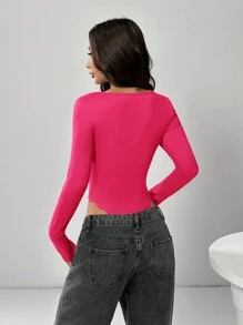 SHEIN EZwear Women's Solid Color Long Sleeve Elegant Lace Patchwork Bodysuit - Hot Pink - View 2