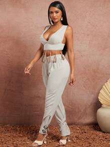 SHEIN SXY Spring/Summer Date Valentine's Day Elegant Holiday Apricot Woven Imitation Linen Fringe Hem Short Sleeveless Vest Top And Elastic Waist Low Waist Long Pants With Straps