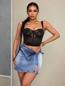 SHEIN SXY Sexy Party Asymmetric Zip Closure Denim Mini Skirt - Blue - View 1