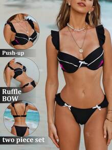 SHEIN Swim Ensemble de bikini à armature matelassé noir et blanc avec bordure à volants pour femmes d'été, bretelles réglables, décoration de nœud, design mignon