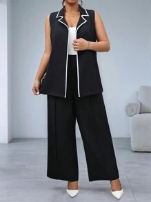 SHEIN Clasi Monochrome Contrast Sleeveless Plus Size Suit Set - Black and White - View 3
