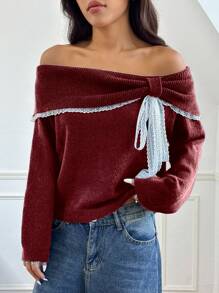 SHEIN Unity Women Open Shoulder Casual Cute Contrast Lace Cropped Off Shoulder Sweater Knit Pullover Fall Winter Sweater - Burgundy - View 7