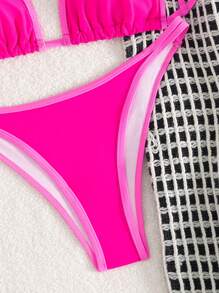 SHEIN Swim 夏季海滩女士吊带两件套比基尼套装 - 粉色 - 查看 4