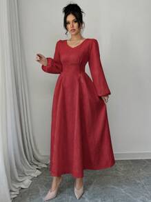 Modelyn Women's Solid Color V-Neck Long Sleeve Casual Long Dress