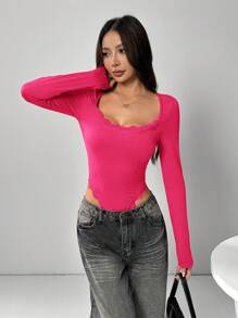 SHEIN EZwear Women's Solid Color Long Sleeve Elegant Lace Patchwork Bodysuit - Hot Pink - View 3