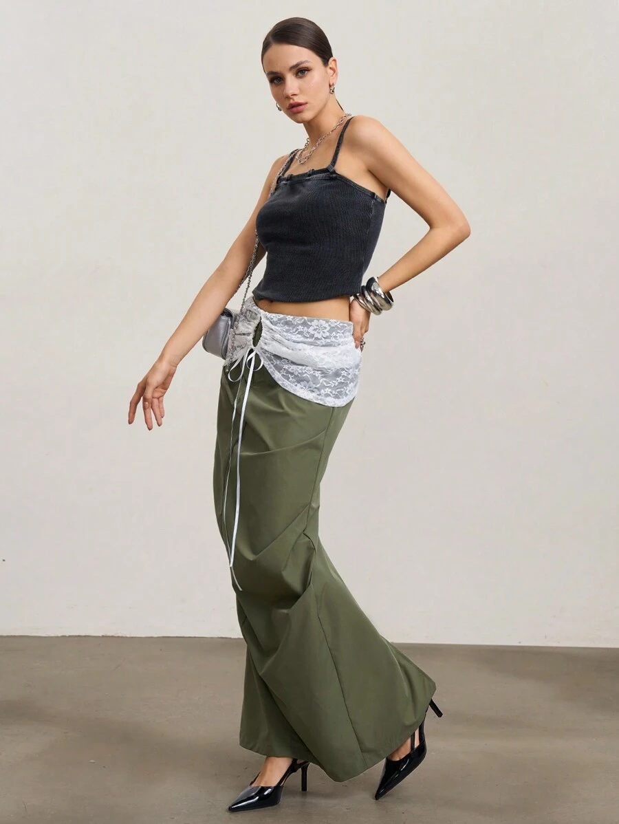 Lace Patchwork Skirt In Army Green